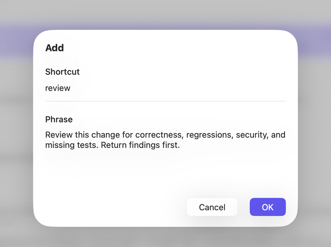 Lazy Quips Add window with the shortcut review and a reusable code review prompt